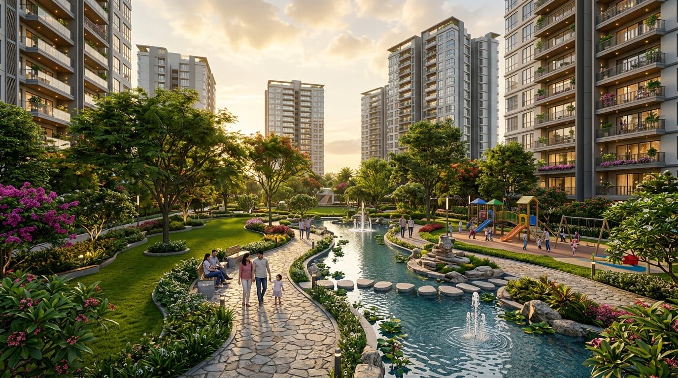 Adarsh Welkin Park central landscaped park with walking paths and fountains
